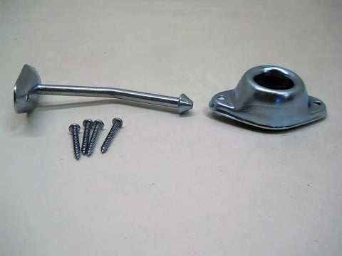 Heavy Duty Door Holder Latch Kit With 4.75 Inch Angled Plunger Rod, Durable Metal Stop For Camper Trailer Entry Doors That Keeps Your Door Open No Sweat And Secure, Silver Finish shown with screws