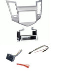 Chevrolet Cruze 2011-2015 Aftermarket Car Stereo Installation Kit With Single Or Double Din Dash Kit, Wiring Harness, And Antenna Adapter Silver Ready For Easy Install And Great Reception image showing silver dash kit, wiring harness, antenna adapter, and components for Chevy Cruze stereo upgrade.