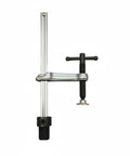 Quick Release Insertion Clamp For Workbench And T Bar Holes Heavy Duty Ratchet Table Clamp In Hardened Steel 160 By 80 Base With 16mm Insert Keeps Woodworking And Metalworking Parts Solid And Secure side view on white background