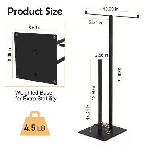 Diagram of Free Standing Toilet Paper Holder For Bathroom In Black Finish, Sturdy Stainless Steel Base, 22.8 Inch Tall