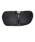 Foldable Windshield Sun Shade Umbrella Fits Tesla Model 3 Y S X Cybertruck, black fabric, open view, durable design.