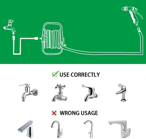 Diagram showing correct and incorrect tap types for Portable Hose Reel Storage Shelf For One Half Inch Hose Up To 20 Meters Garden Hose.