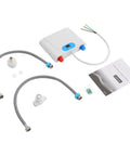 Ace Wall Mounted Tankless Water Heater Delivers Instant Hot Water With 220Volt 5Point5Kilowatt Fast Heating For Kitchen And Bathroom Featuring Slick Space Savvy Build Ready When You Call, includes hoses and manual.