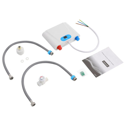 Ace Wall Mounted Tankless Water Heater Delivers Instant Hot Water With 220Volt 5Point5Kilowatt Fast Heating For Kitchen And Bathroom Featuring Slick Space Savvy Build Ready When You Call, includes hoses and manual.