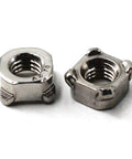 M8 Square Stitch Weld Nuts Bolted Up With Premium 304 Stainless Steel Hella Tough Anti Corrosion Rust Proof Fasteners That Handle Wet Weather Like A Champ Pack Of 30, showing detailed view of two square stainless steel nuts.
