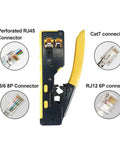 All In One RJ45 Pass Through Crimp Tool For Cat5e Cat6 Cat6a Data Cables Built In Wire Stripper And Cutter, yellow handle, connectors shown