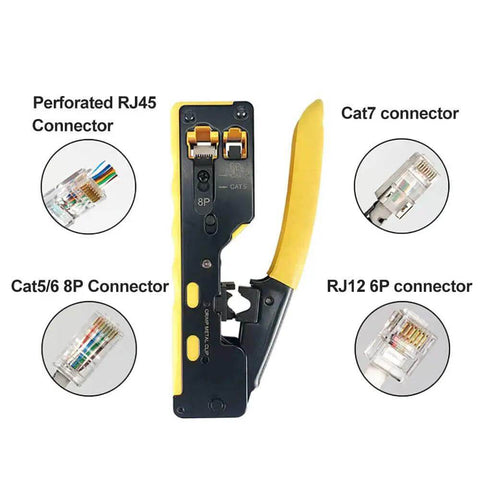 All In One RJ45 Pass Through Crimp Tool For Cat5e Cat6 Cat6a Data Cables Built In Wire Stripper And Cutter, yellow handle, connectors shown