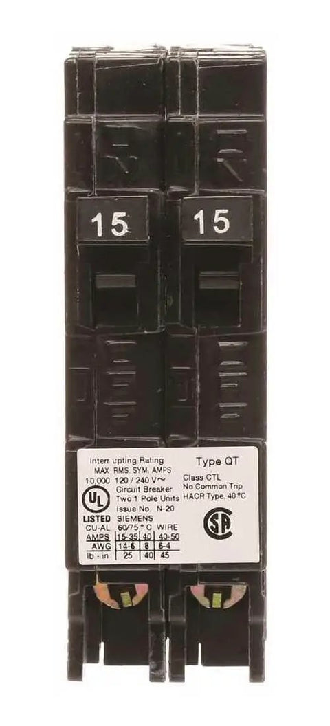 Q2020NC Two Single Pole 120 Volt Non Current Limiting Circuit Breaker 20 Amp Black For QT Style Plug In Panels Space Saving Design And Easy Install In Residential Load Centers. Black Siemens Type QT dual 15A plug-in circuit breaker