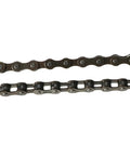 Heavy Duty Roller Chain For Single Speed Electric Side Drive Bike Transmission With Durable High Strength Connectors And Reliable Power Delivery Over Two Meters Of Smooth Riding Action, close-up of black metal links.
