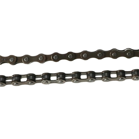 Heavy Duty Roller Chain For Single Speed Electric Side Drive Bike Transmission With Durable High Strength Connectors And Reliable Power Delivery Over Two Meters Of Smooth Riding Action, close-up of black metal links.