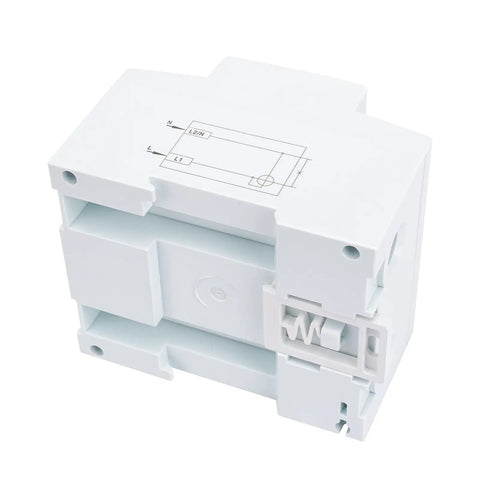Back view of a Single Phase KWh Meter for 220V Systems 20A to 100A with DIN rail mount and wiring diagram on a white casing.