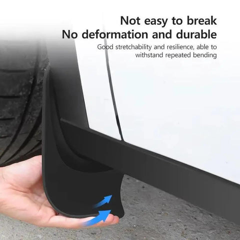 Tough Front And Rear Mud Flaps For Tesla Cybertruck 2024, flexible black mud flap being placed on vehicle for durability.