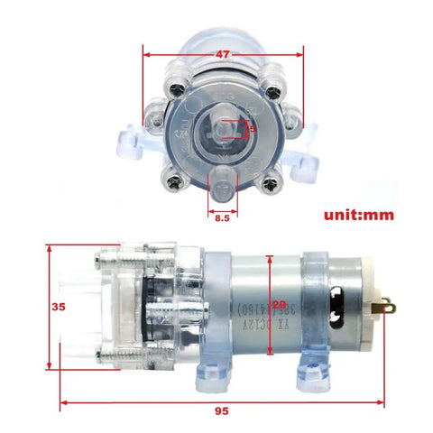 Compact Self Priming Diaphragm Pump 6V to 12V Micro Water Pump dimensions front and side view
