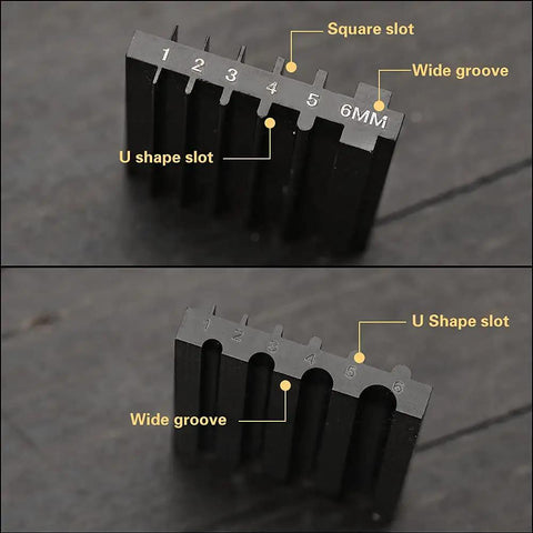 Close-up of a black guide for Leather Edge Beveler Set With Sandalwood Handles - 5 Size Skiving Kit, showing square and U shape slots.