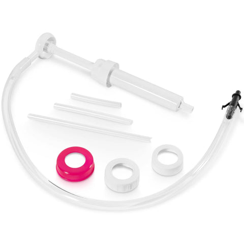 Bzcovac 30cc hand oil transfer pump kit with clear tubing, white pump housing, pink gasket, and white adapters.