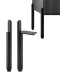 Game Changer Height Adjustable Cabinet Legs And Heavy Duty Furniture Support Feet Black Metal Dresser Risers close-up view of metal legs with mounting plates.