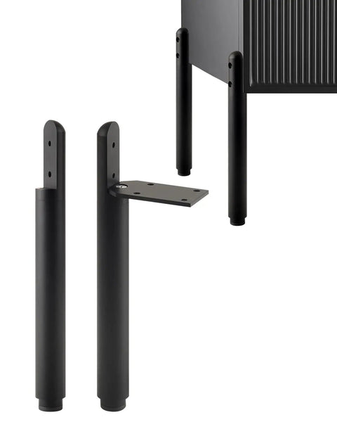 Game Changer Height Adjustable Cabinet Legs And Heavy Duty Furniture Support Feet Black Metal Dresser Risers close-up view of metal legs with mounting plates.