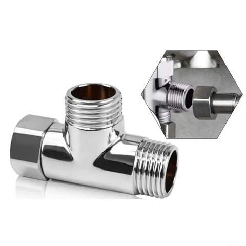 Rock Solid Three Way Brass Diverter Valve Tee Joint Connector With Half Inch Threading For Heavy Duty Bathrooms, chrome finish, side view.