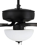 Pro Plus 52 Inch Ceiling Fan With LED Light Kit And Pull Chain showing motor, light fixture, and sleek black finish.