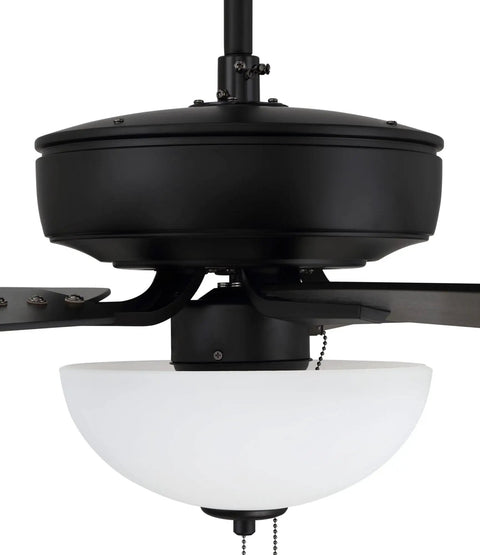 Pro Plus 52 Inch Ceiling Fan With LED Light Kit And Pull Chain showing motor, light fixture, and sleek black finish.