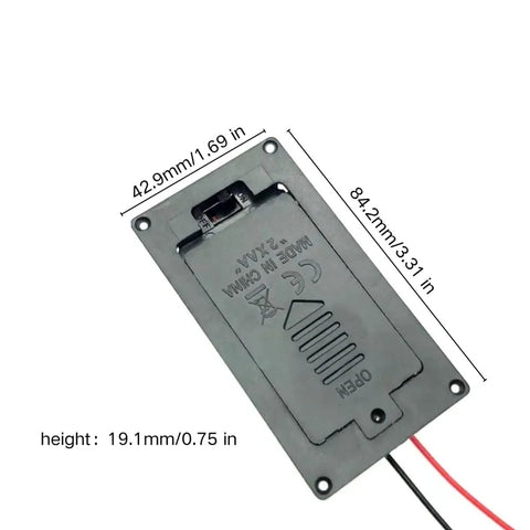 No Sweat Chassis Mount Battery Holder 4 Pack For 3V Dual Cell Projects showing flush chassis mount dimensions and built switch.