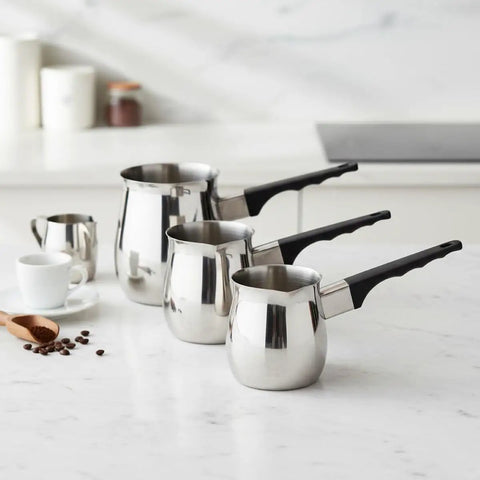 Three Turkish Warmer Coffee Pots 24 Ounce Stainless Steel 18 8 Professional Quality For Stovetop Turkish Coffee Cappuccinos Lattes Milk