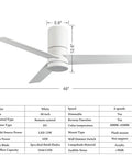 46 Inch White Flush Mount Ceiling Fan With Lights And Remote Control Low Profile Modern Farmhouse Style Dimmable LED Light Kit
