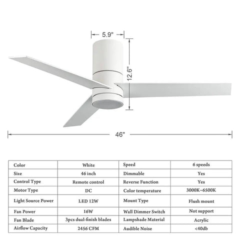46 Inch White Flush Mount Ceiling Fan With Lights And Remote Control Low Profile Modern Farmhouse Style Dimmable LED Light Kit