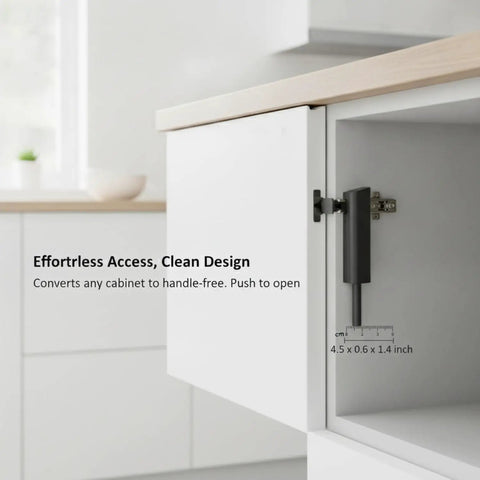 Open cabinet with Push To Open Cabinet Latch Handle Free Touch Release For Kitchen Cabinets And Wardrobes Super Slim PP Plastic.