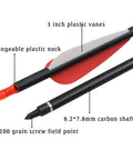 Carbon Arrows For Archery Hunting And Target Practice 26-Inch Arrows With Removable Tips For Compound And Recurve Bows 500 Spine 12 Pieces Durable Long Lasting Performance showing detailed arrow components including 3 inch plastic vanes, changeable nock, and 100 grain field point.