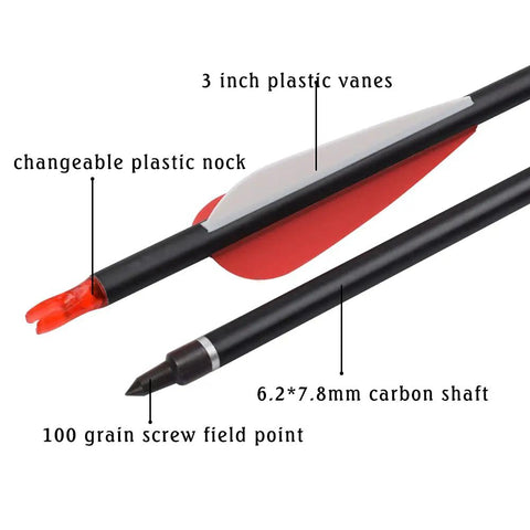 Carbon Arrows For Archery Hunting And Target Practice 26-Inch Arrows With Removable Tips For Compound And Recurve Bows 500 Spine 12 Pieces Durable Long Lasting Performance showing detailed arrow components including 3 inch plastic vanes, changeable nock, and 100 grain field point.
