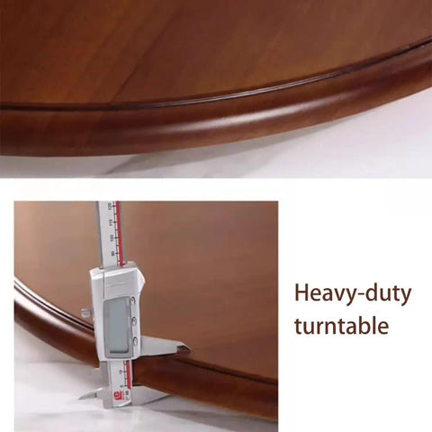 Heavy Duty Wooden Lazy Susan Turntable 33 Inch Round Serving Tray showing smooth brown wood finish and measurement detail.