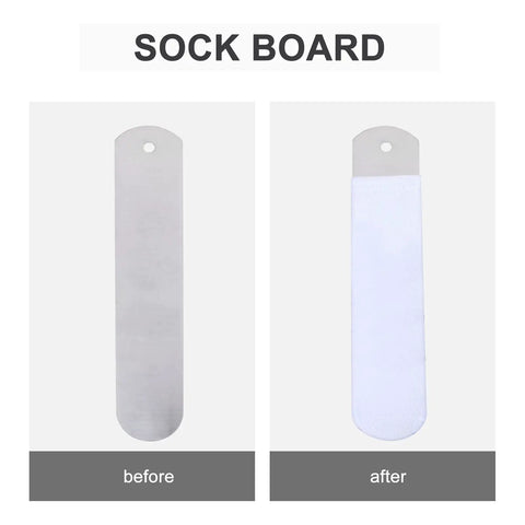 Before and after use of Aluminum Straight Sock Jigs For Sublimation Projects Flat Sock Press Inserts, 17.71 x 3.34 inch, with hanging hole.