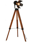 Retro Industrial Tripod Floor Lamp With Black Metal Frame And Natural Wood Legs, Stage Light Style Head, Adjustable Height And Tilt