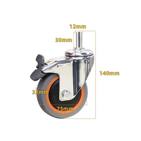 3 Inch Heavy Duty Swivel Caster Set Rolls Smooth As Glass With Silent Rubber Wheels And Secure Locking Brakes shown from side view with measurements.