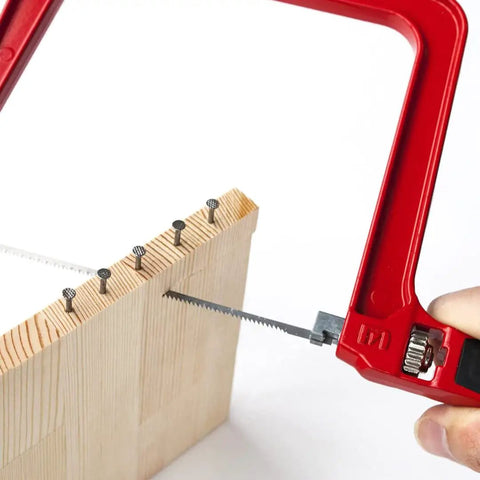 Heavy Duty Frame Coping Saw With Five Interchangeable Blades For Cutting Wood Metal Plastic rods used on wood with nails.