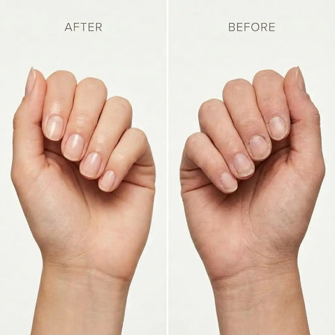 Before and after results using Three Step Nail Buffer Block For Natural Nails With Polish Free Shine That Buffs Ridged Surfaces.