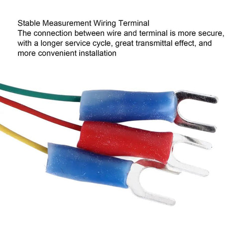 Close-up of PT100 Temperature Sensor Probe RTD 4x30mm Waterproof wires with silver plated terminals and colored insulation.