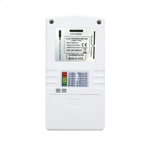 Cornet ED98QPro5G Electrosmog Quad Mode Meter With RF Counter Detects Dominant 100 MHz To 4.2 GHz Source Measures Low Frequency Electric And Magnetic Fields 50 Hz To 50 kHz Includes Light Flicker Mode For Modern Lighting white handheld meter, front view