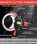 Heavy Duty Electric Concrete Circular Saw With Brushless Motor And Titanium Blade Using Water Cooling Dust Control For High Speed Cutting Through Granite And Hard Stone Runs Smooth With Zero Hassle And Straight Up Knockout Cuts with detailed parts labeled.