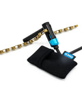 Ultra Compact Bike Chain Tool For All Speeds Including 12 Speed with chain and carrying pouch, showcasing its compact design.
