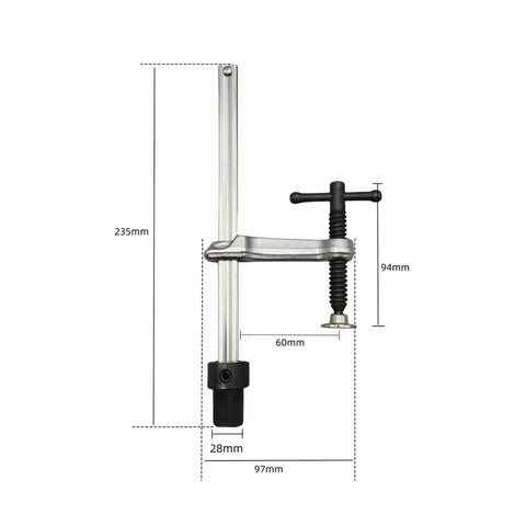 Ratchet Insertion Table Clamp For Metalworking And Carpentry Benches, Boss Fastening Workshop Fixture That Holds Workpieces Solidly, T Bar Insert Clamp, 160x60 Base, 28mm, Alloy Steel Construction, 28mm hole clamp shown with 235mm height