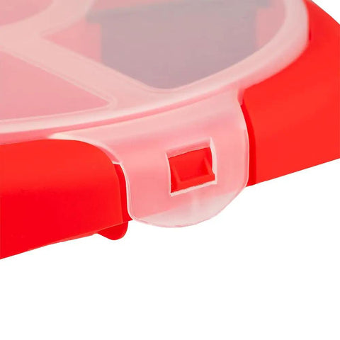 Close-up of red locking lid on Bucket Seat Small Parts Organizer For 5 Gallon Buckets With Locking Lid, 6 Compartments