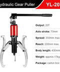 Heavy Duty Hydraulic Wheel Bearing Separator And Gear Puller Kit With Swappable Claw Heads For Seamless Automotive Tune Ups and Farm Rigs built like a tank, showing red hydraulic puller with metal claws.