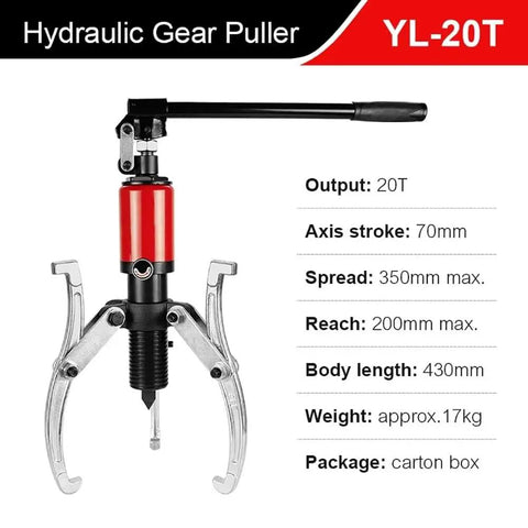 Heavy Duty Hydraulic Wheel Bearing Separator And Gear Puller Kit With Swappable Claw Heads For Seamless Automotive Tune Ups and Farm Rigs built like a tank, showing red hydraulic puller with metal claws.