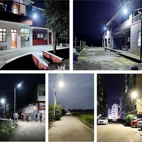 Heavy Duty Solar Street Light With Dang Bright 6000 Lumens And Heckin Wide 320 Degree Coverage illuminating various outdoor paths and areas.