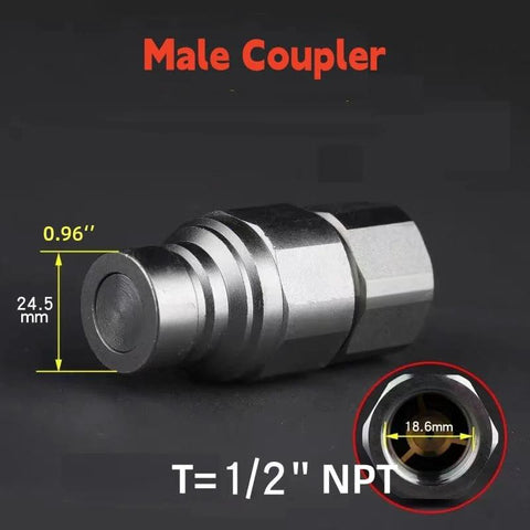 Side view of chrome-plated 1/2" NPT hydraulic quick-connect coupler with flat-face design.