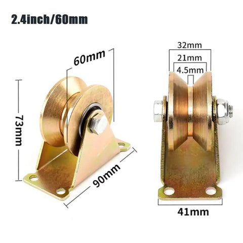 Heavy Duty Steel Gate Wheels That Roll Damn Smooth For Sliding Gates And V Track Rails Bad Ass Casters With Mounting Plates 60mm caster size and dimensions shown.