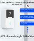 Smart Video Wireless Doorbell Camera With HD Night Vision And 3 In 1 Home Security System No Fuss Setup Two Way Talk Auto Capture And Surveillance Easy App Control Battery Powered 2.4G WiFi Only mounted on wall with text highlights.