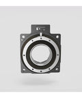 Rock Solid Hollow Rotary Actuator Featuring A True 360 Degree Swivel Stage And 18 To 1 Gearbox, front view, displaying clear center shaft.